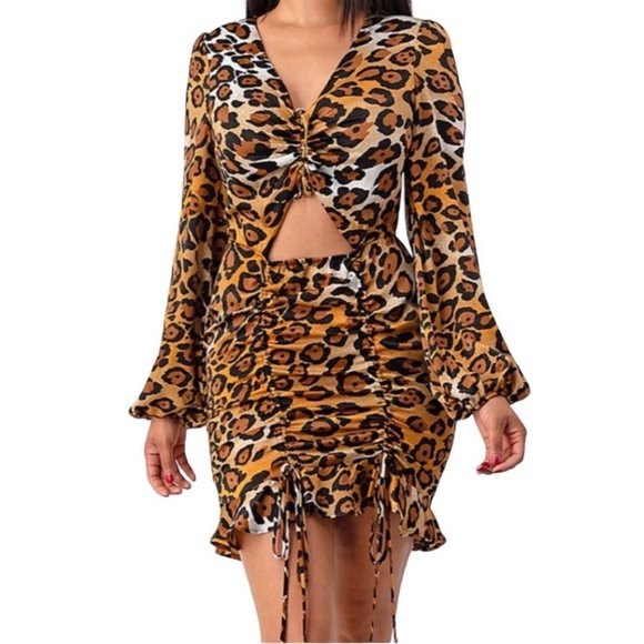 Shop17 Long Sleeve Ruched Cutout Leopard Print Mini Dress Brown Size Small NWT - Picture 1 of 4